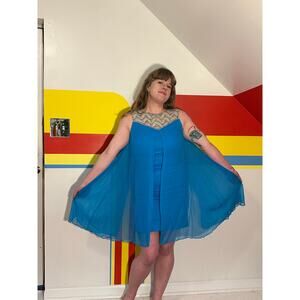 1960s 60s vintage teal blue beaded tent dress mini chiffon cocktail s party